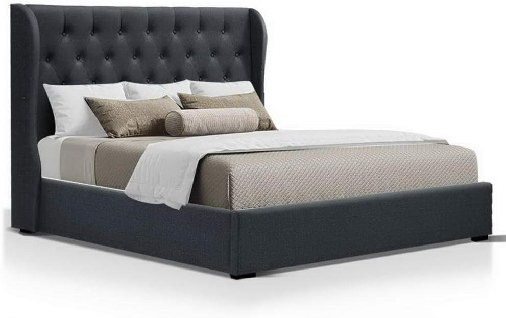 Artiss King Size Bed Frame Platform Wingback Headboard Frames Gas Lift Beds Base with Storage Space Bedroom Room Decor Home Furniture, Upholstered with Charcoal Faux Linen Fabric + Foam + Wood