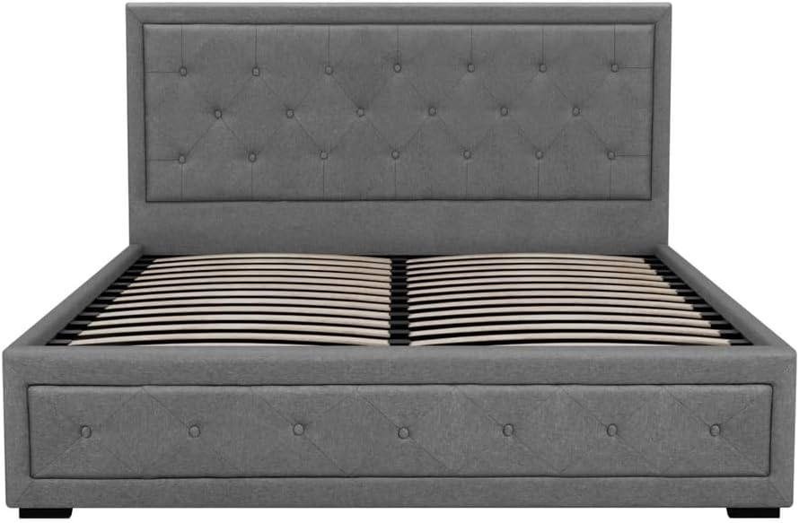 Artiss Queen Bed Frame Platform Tufted Headboard Frames Gas Lift Beds Base with Storage Space Bedroom Room Decor Home Furniture, Upholstered with Grey Faux Linen Fabric + Foam + Wood
