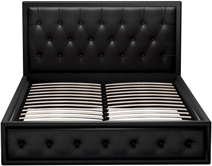 Artiss Queen Bed Frame Platform Tufted Headboard Frames Gas Lift Beds Base with Storage Space Bedroom Room Decor Home Furniture, Upholstered with Black PVC Leather + Foam + Wood