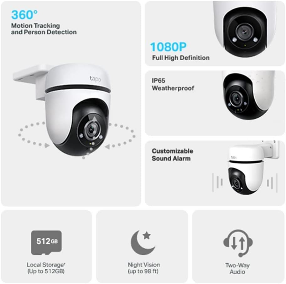 TP-Link Tapo Pan/Tilt Outdoor Home Security WiFi Camera, Wireless, 1080p, 360°, IP65, Night Vision, Sound Alarm, Two-Way Audio, Smart Person & Motion Detection, Privacy Mode, SD Card Slot (Tapo C500)