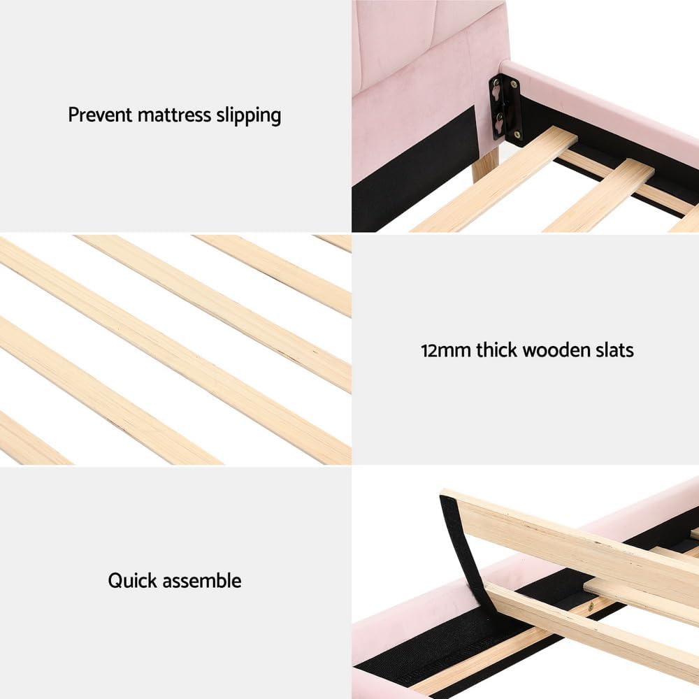 Artiss Bed Frame King Single Scallop-Shape BedHead Beds Base Pink Velvet Fabric