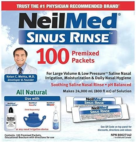 NeilMed Sinus Rinse 100 Premixed Packets – All Natural Nasal Irrigation for Sinus Relief, Moisturization, and Daily Hygiene – Drug-Free, Preservative-Free