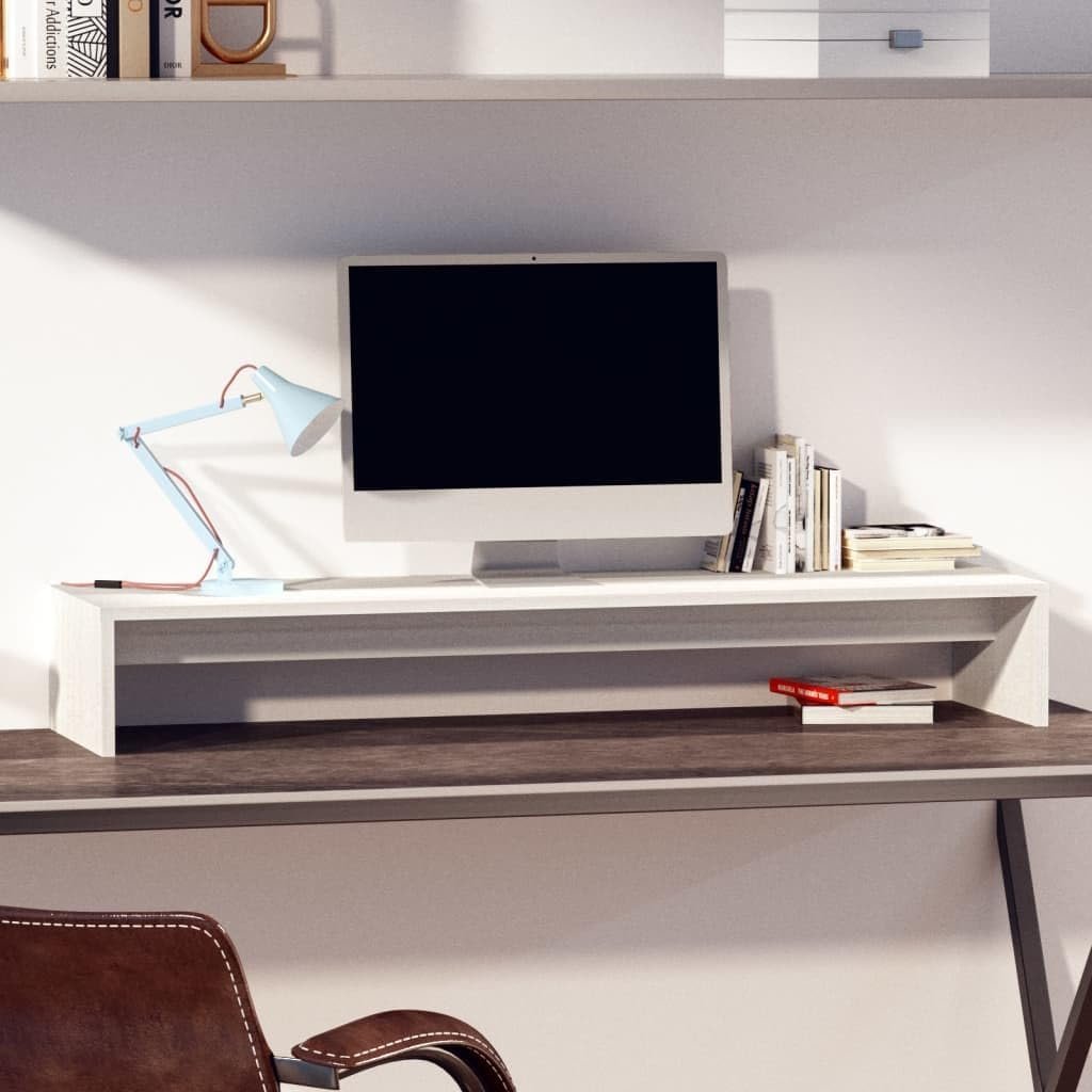 vidaXL Solid Pine Wood Monitor Stand - Sturdy Construction, White Finish,100 x 27 x 15 cm, Easy Assembly, Suitable for Workspace Organization and Ergonomics.