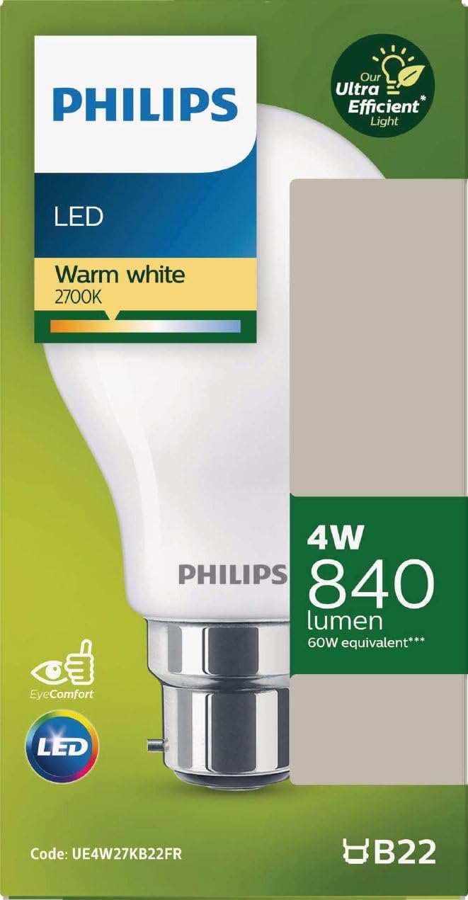 Philips Ultra Efficient Lamps Frosted Light Bulbs CLA 4W A60 B22 2700K FR UE SRT6 6pack PHUE4W27KB22FR