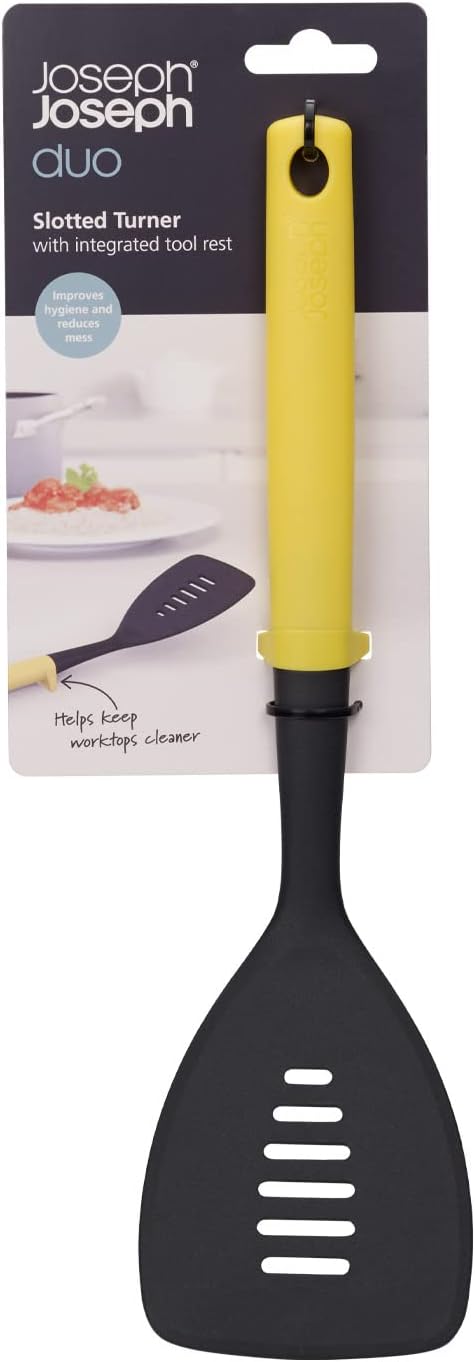Joseph Joseph Duo Slotted Turner with Integrated Tool Rest: Hygienic, Heat-Resistant Nylon Head, Safe for Non-Stick Cookware, Light Yellow