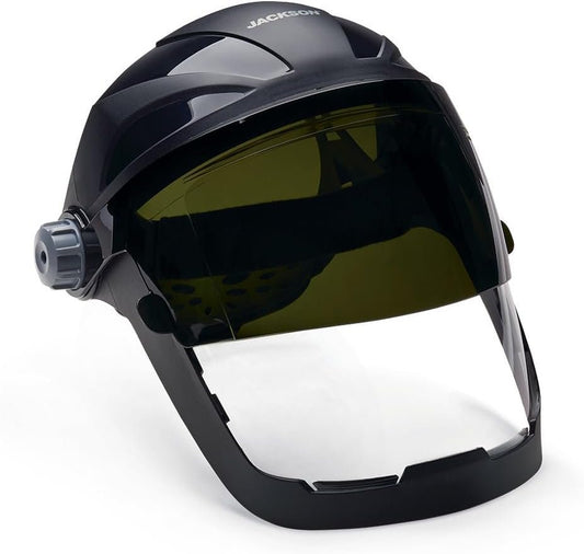 Jack Safety 14230 Quad 500 Premium Multi-Purpose Face Shield/Face Guard; Ratcheting Headgear, Clear Tint, Anti-Fog Coating, Visor Face Protection with 5 IR Rated Flipshade