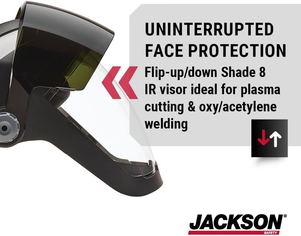 Jack Safety 14230 Quad 500 Premium Multi-Purpose Face Shield/Face Guard; Ratcheting Headgear, Clear Tint, Anti-Fog Coating, Visor Face Protection with 5 IR Rated Flipshade