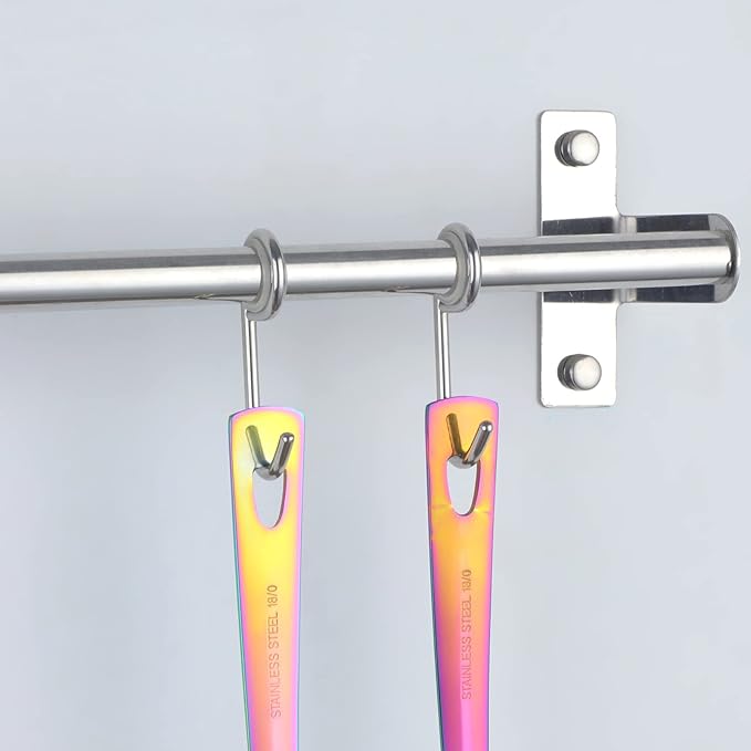 Buyer Star Kitchen Utensils Set 5 Pcs Cooking Utensils Stainless Steel 18/0 Kitchen Tool And Gadgets Salad Spoon Forks Gravy Ladles Pasta Server Potato Masher Mirror Polish Dish Washer Safe, rainbow
