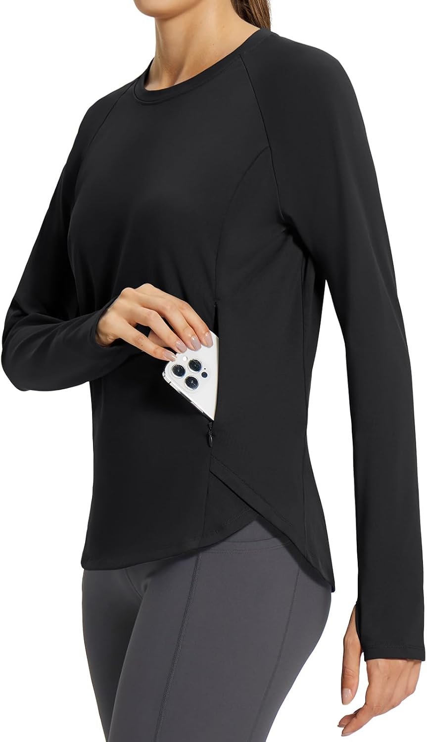 baleaf Women's Thermal Running Shirts Long Sleeve Fleece Workout Tops Thumbholes Zipper Pocket Cold Weather Gear Athletic