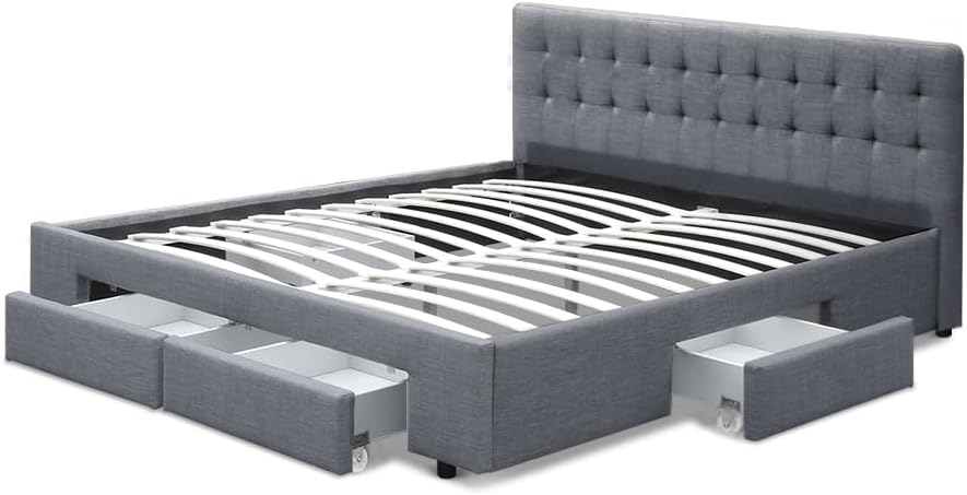 Artiss Queen Bed Frame Platform Tufted Headboard Frames Beds Base with 4 Storage Drawers Bedroom Room Decor Home Furniture, Upholstered with Grey Faux Linen Fabric + Foam + Wood