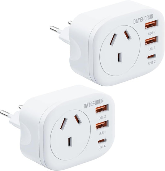 DAYEFORUN AU to EU Travel Adapter, 2 Pack Europe Travel Adaptor, Bali Travel Adapter with 3 USB Ports, Travel Plug for AUS to Most of Europe Germany Spain France Greece Netherlands Turkey, Type C