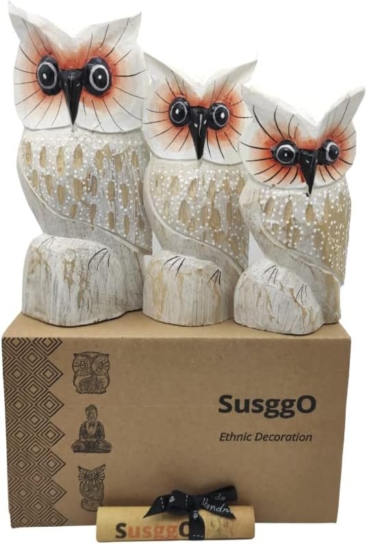 SusggO Set of 3 Wooden Animal Figurines, Lucky Owl, Lucky Cat, Turtle, Fish, Decoration, Hand Carved Furniture Decoration (3 Owls White Wings Dots Mod 1)