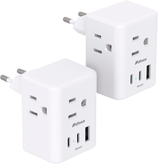 2 Pack European Travel Plug Adapter, International Travel Adapter with 3 Outlets 3 USB Charging Ports(2 USB C), Power Plug Adapter Travel Essentials to Italy France Germany Spain Greece (Type C)