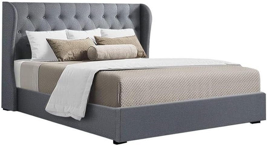 Artiss Queen Bed Frame Platform Wingback Headboard Frames Gas Lift Beds Base with Storage Space Bedroom Room Decor Home Furniture, Upholstered with Grey Faux Linen Fabric + Foam + Wood