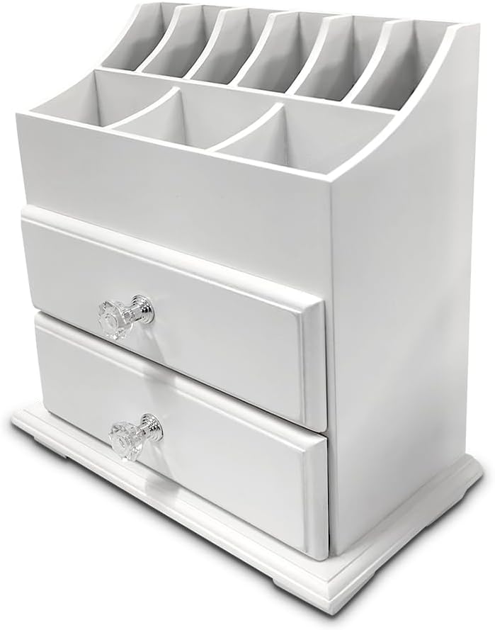 White Wood Cosmetics Organizer Makeup & Beauty Accessories Storage Rack with Drawers for Neat & Organize Storing of Makeup Tools Small Accessories at Home & Office Vanities & Bathroom Counter-top