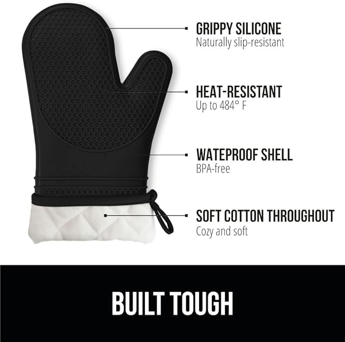 GORILLA GRIP Heat Resistant Durable Silicone Oven Mitts, BPA-Free Protective Grilling Potholders, Soft Cotton Lining, Flexible Waterproof Cooking Mitt Set, Kitchen Home Essentials, 12.5x8.3, Black