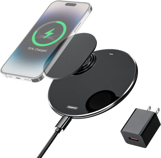 Eazpower Wireless Charger 15W Max Wireless Charging Pad for Popsocket/OtterBox/Thick Cases Up to 10mm, Compatible with iPhone 16/15/14/13/12Pro Max and Samsung Galaxy S23/S22 (Adapter Included)
