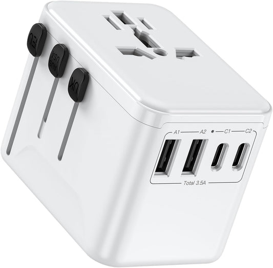 DISGIAN Travel Adapter,Universal Power Adaptor with Super Fast Charger 2 Port Type-C and 2 USB-A for Phone,Laptop,Tablet,Worldwide Travel Plug for Type A/C/G/I USA, Japan, UK, EU, AUS (White)