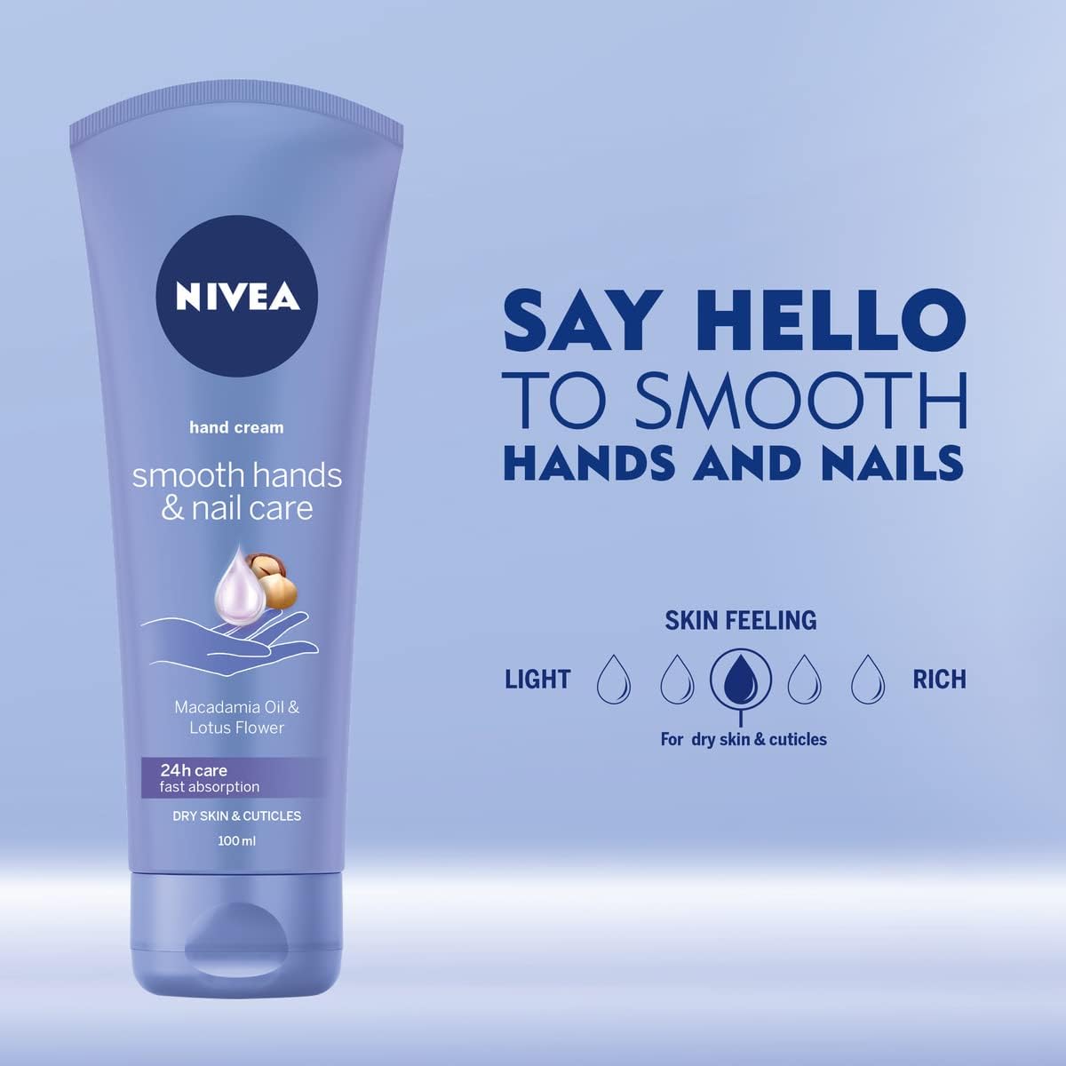 NIVEA Smooth Hands and Nail Care Cream 100ml | With Macadamia Oil and Lotus Flower | 24-hour Moisture | Fast Absorbing | For Dry Hands and Cuticles | Evens Skin Texture |