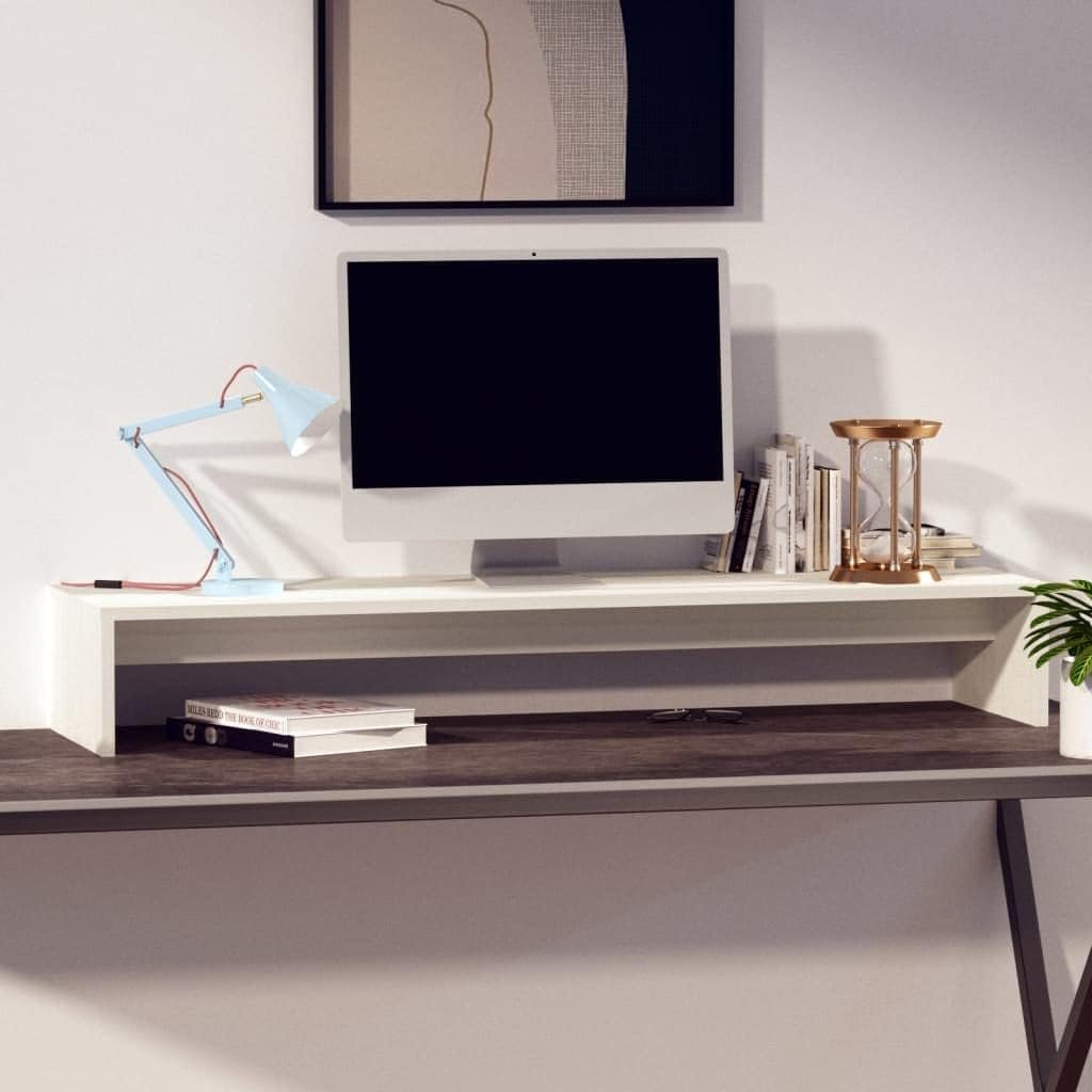 vidaXL Solid Pine Wood Monitor Stand - Sturdy Construction, White Finish,100 x 27 x 15 cm, Easy Assembly, Suitable for Workspace Organization and Ergonomics.