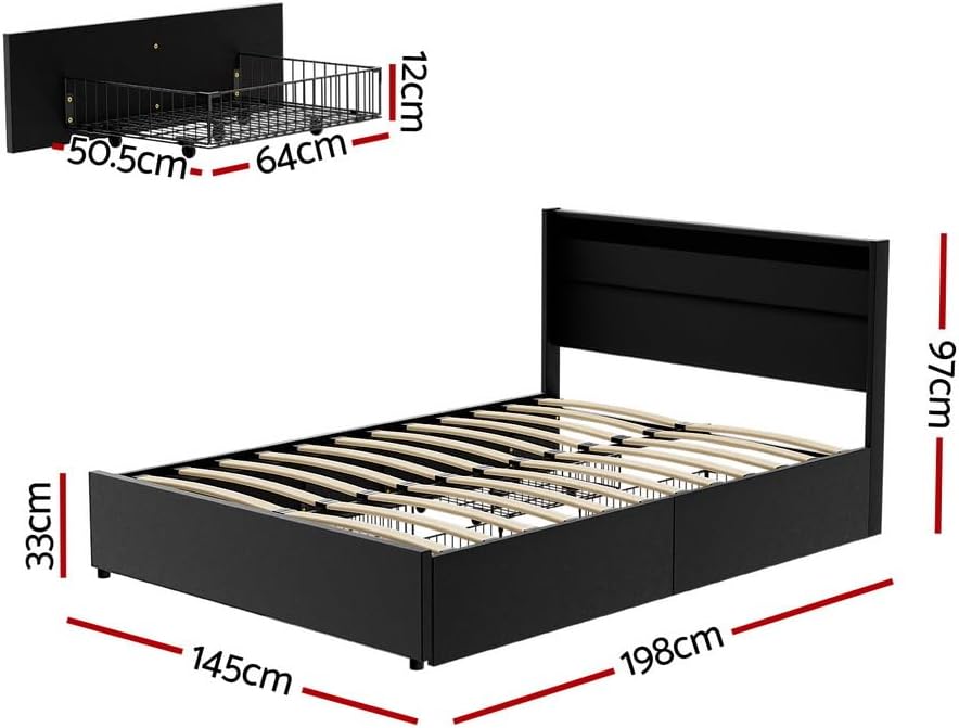 Artiss Bed Frame Double Size LED with 4 Storage Drawers Mattress Base Black Dunn