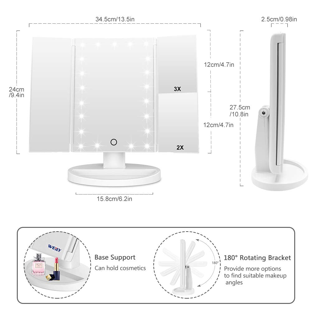 WEILY Makeup Mirror with 21 LED Lights,Two Power Supply Modes, Adjustable Touch Screen and 1x/2x/3x Magnification Tri-Fold Vanity Mirror,Chargeable Travel Cosmetic Mirror for Desktop(White)