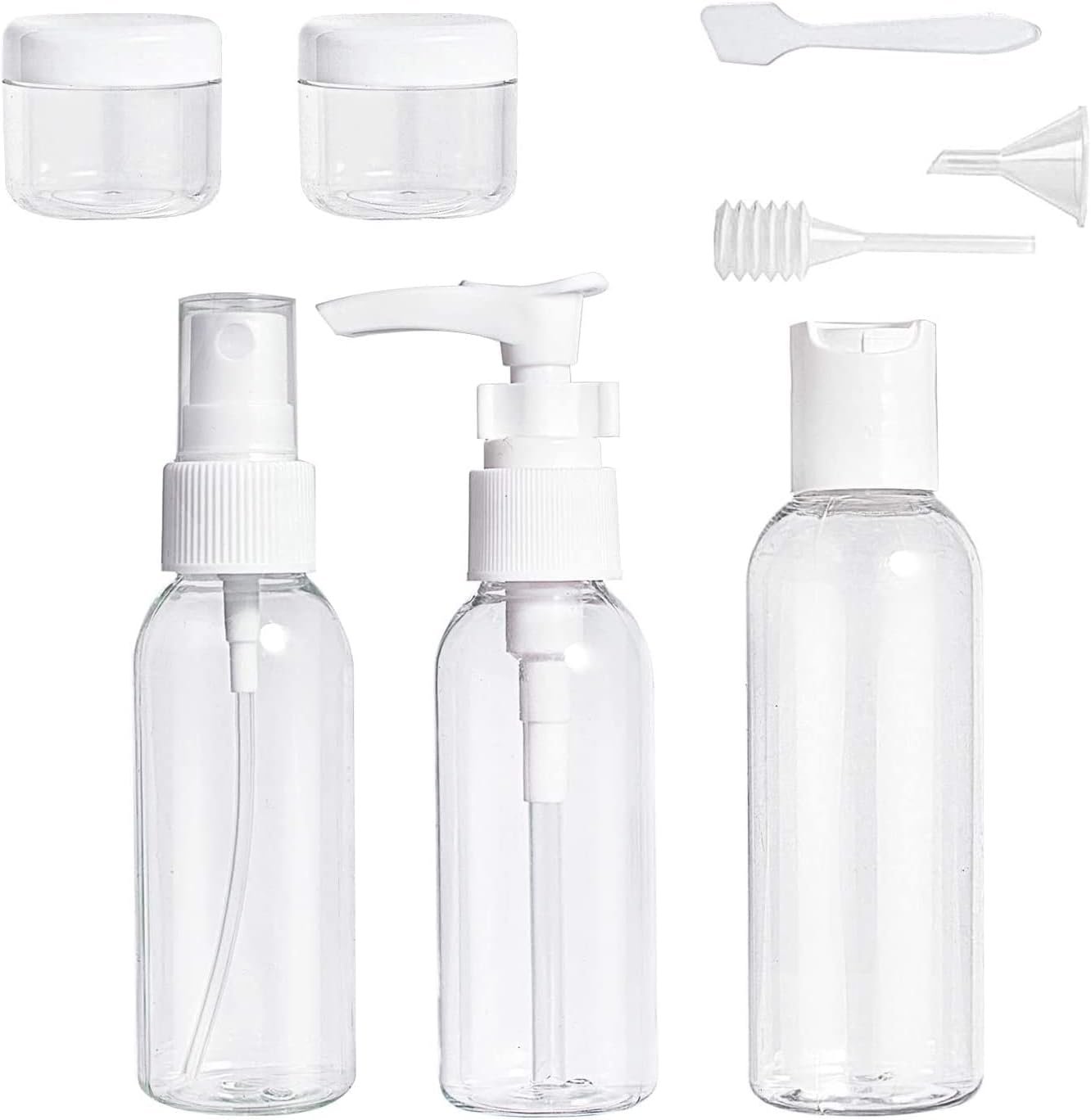EZONEDEAL Travel Bottles Kit,Leak Proof Portable Toiletry Containers Set, Clear Flight Size PET Cosmetic Containers for Lotion, Shampoo, Cream, Soap, Set of 8