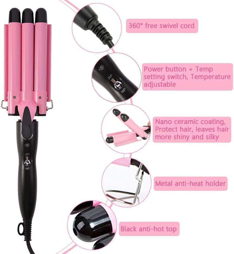 Ausale Curling Iron 3 Barrel Hair Waver Stylish Fast Heating Hair Curlers Temperature Adjustable Ceramic Beach Waver Hair Curlers New Hair Styling Tools (Pink) (32mm)