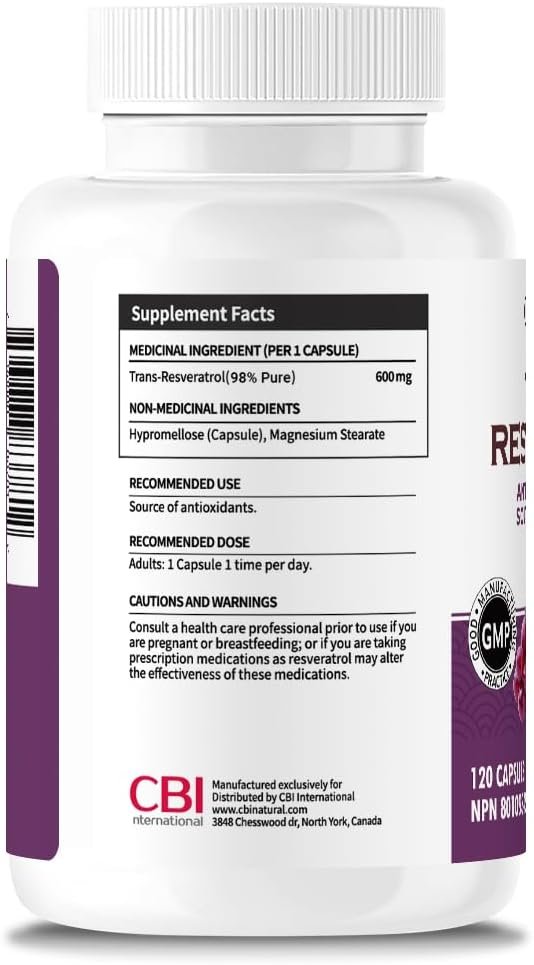 Trans-Resveratrol (98% Pure) 600 mg, 120 Vegan Capsules, 4-Month Supply