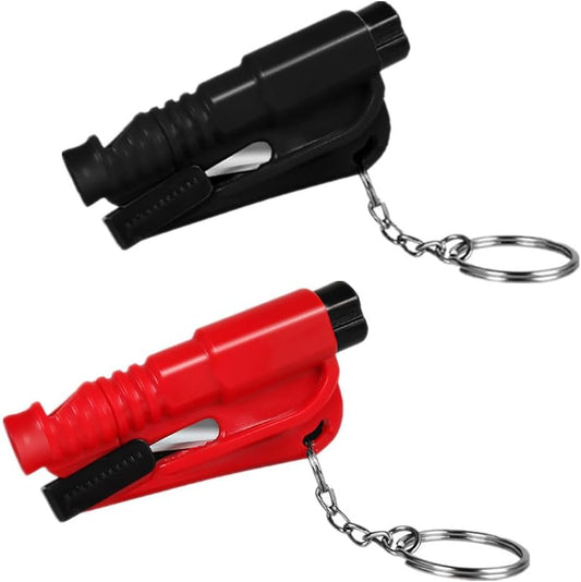 2 Pcs Three-in-One Car Escape Rescue Tool Keychain Glass Breaker Seatbelt Cutter Mini Hammer Emergency Rescue Glass Breaker Car Safety Tool Window Broken Seat Belt Cutter(red/Black)