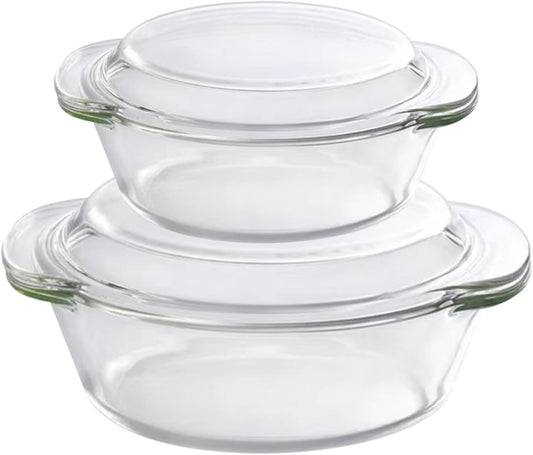 2 Set Glass Casserole Dishes with Lids, Borosilicate Cookware Bakeware Set with Handles, Oven Microwave Safe Bowls for Cooking Baking Serving 0.7L & 1.5L