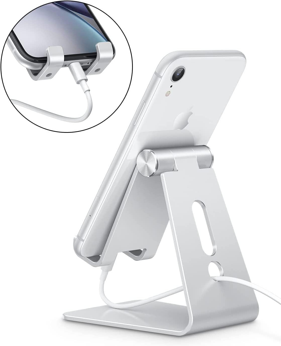Adjustable Cell Phone Stand, OMOTON C2 Aluminum Desktop Phone Holder Dock Compatible with iPhone 13 Pro Max/ 13 Pro/ 13/13 Mini and Other Smart Phones, Silver