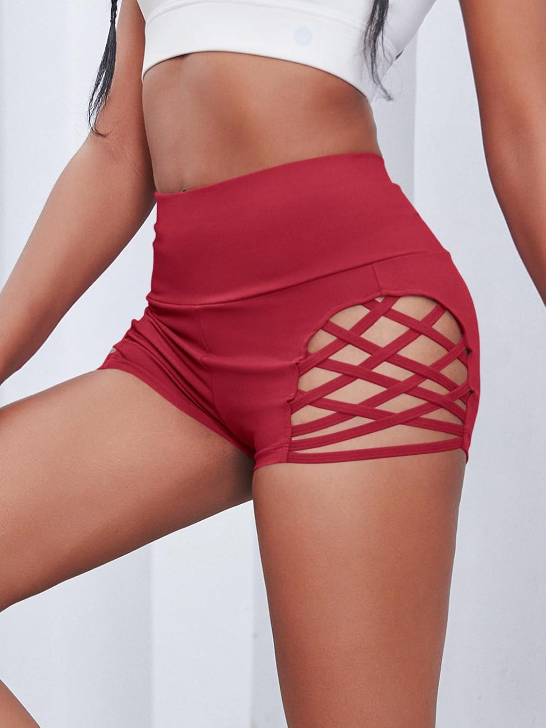 Fisoew Women's Workout Yoga Shorts High Waist Tummy Control Criss Cross Athletic Sports Booty Short Leggings