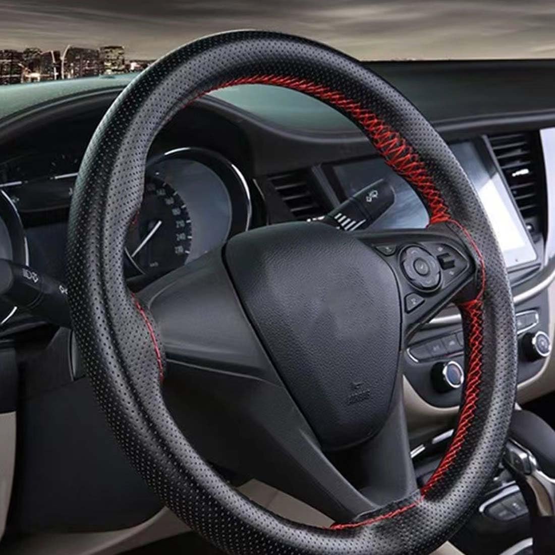 DIY Soft Leather Car Steering Wheel Cover with Needle and Thread | 38cm Diameter Steering Wheel Cover | Black Leather with Red Thread | Car Accessories Interior Car Steering Wheel Cover