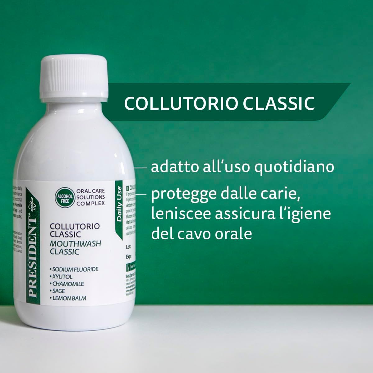 President Kit of 3 Classic Mouthwash for Daily Use, Anti Plaque and Anti Caries. Cooling Action Antihalitosis, 3 x 200 ml