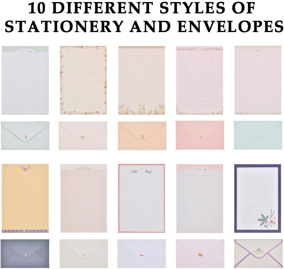 TIMESETL Stationery Letter Paper and Envelopes Set, 60 Sheets Cute Letter Writing Paper & 30 Lovely Envelopes, 10 Different Flora and Fauna Printed Design, Double-Sided Printing, A5 Size