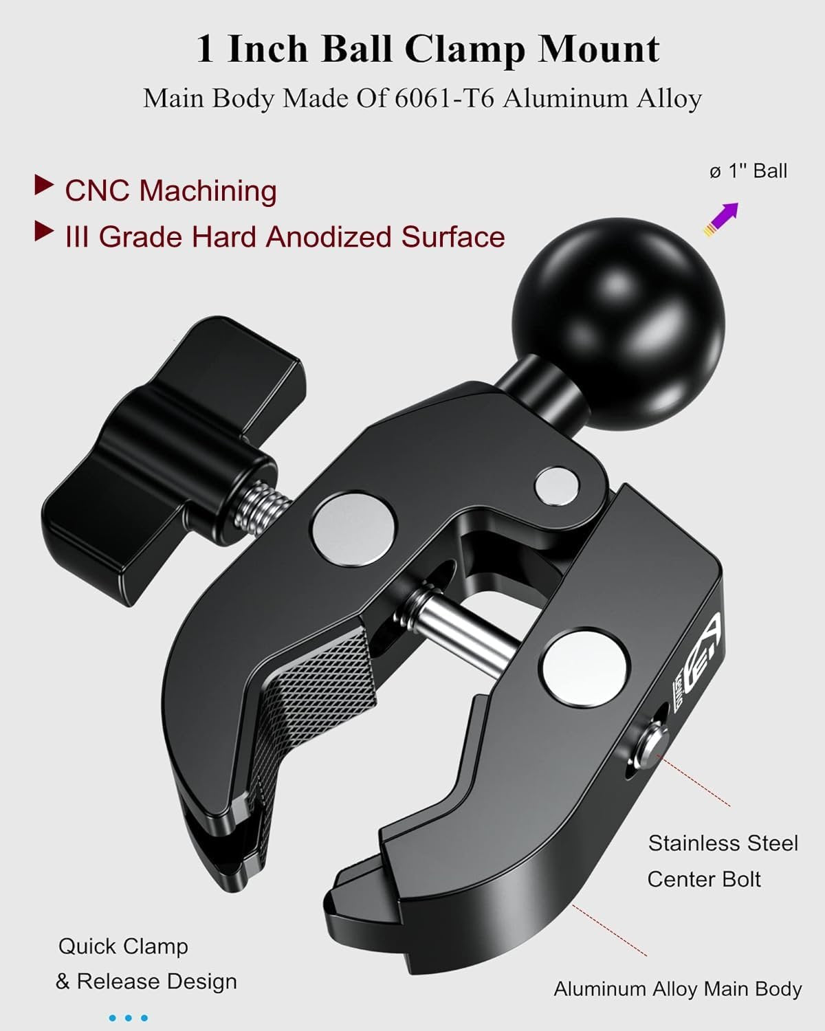 BRCOVAN Aluminum Alloy Handlebar Clamp Mount Base with 1'' TPU Ball for Rails 0.5'' to 2'' in Diameter, Compatible with RAM Mounts B Size Double Socket Arm & Bike Motorcycle Phone Mount Holder