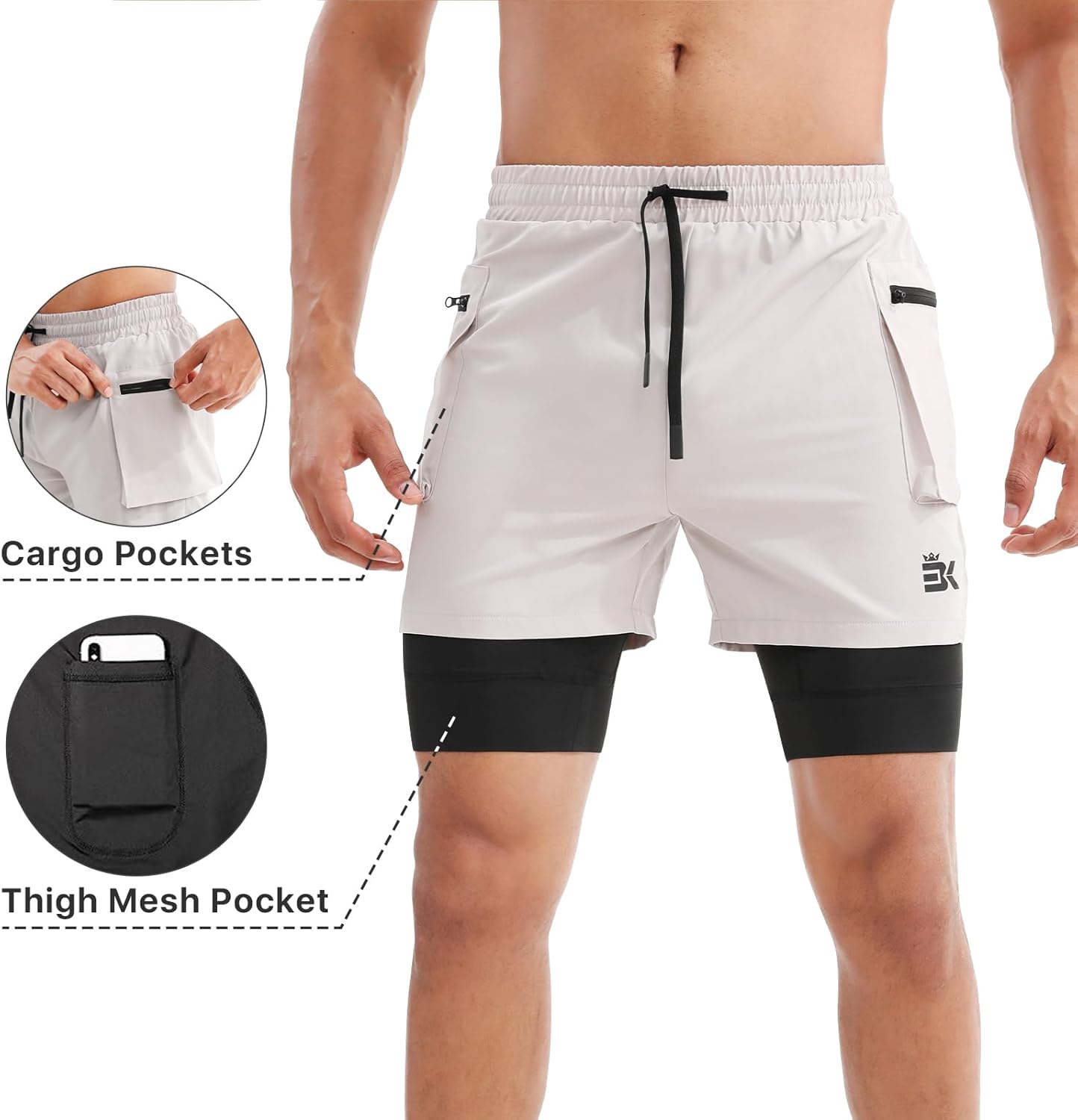 BROKIG Men's 2 in 1 Running Shorts, Quick Dry Sport Shorts Workout Fitness Gym Shorts Men with Zip Pockets