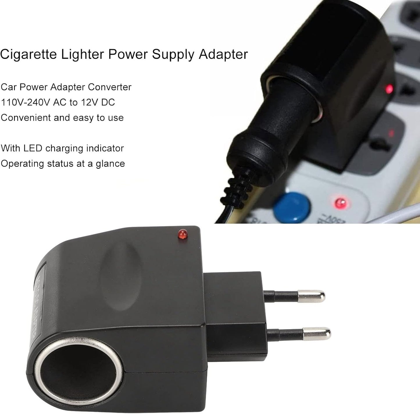 AC to DC 12V Wall Socket Power Adapter Converter with Cigarette Lighter Socket and LED Charge Indicator for Small Car Electronics (EU Plug)