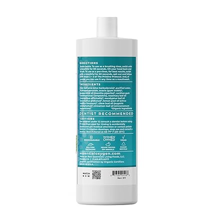 Essential Oxygen Certified BR Organic Brushing Rinse, All Natural Mouthwash for Whiter Teeth, Fresher Breath, and Happier Gums, Alcohol-Free Oral Care, Peppermint, 32 Ounce