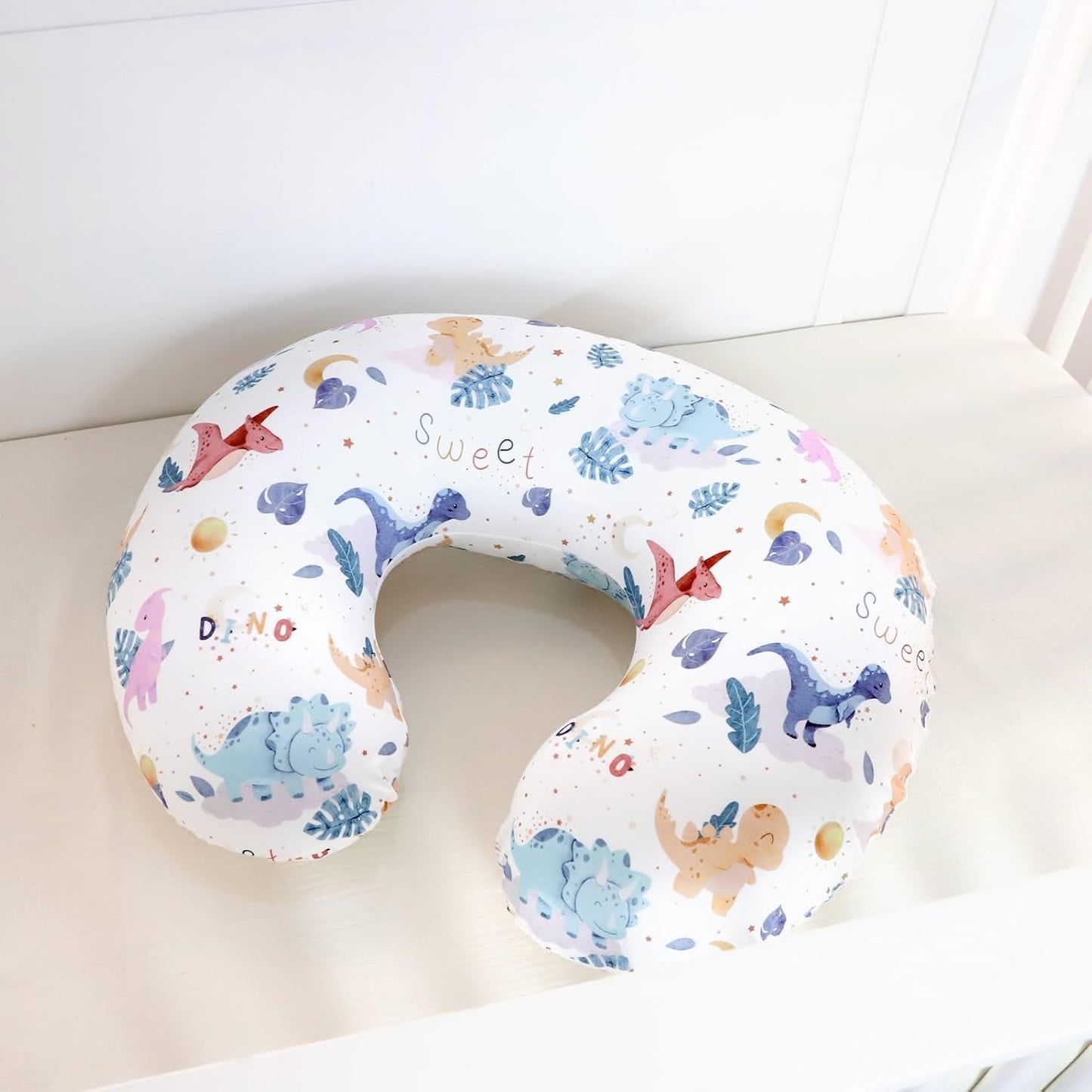DILIMI Nursing Pillow Cover Stretchy Removable Case for Breastfeeding Pillows, Ultra Soft Comfortable Slipcover for Baby Girl and Boy, Watercolor Dinosaur and Leaves(Pillow Not Included)