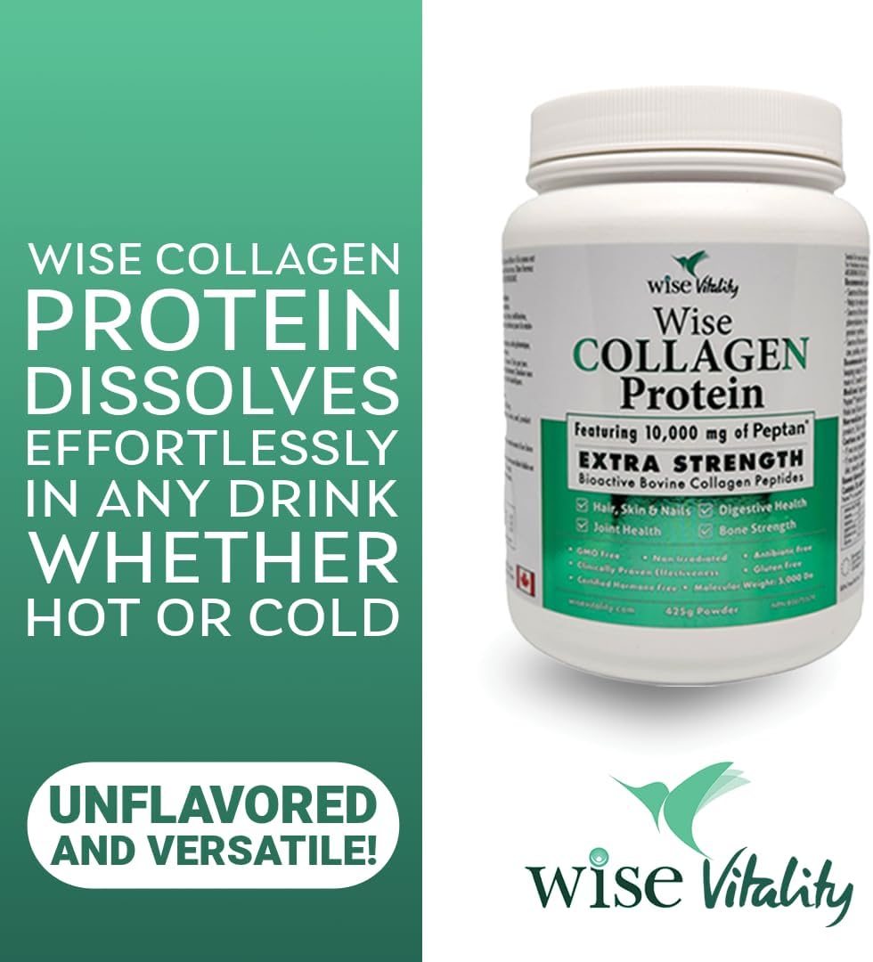Wise Vitality Collagen Protein Powder | Type 1 & 3 Hydrolyzed Peptides for Skin, Hair, Nails & Bones | 425g Unflavored | Keto-Friendly, Non-GMO, Gluten-Free