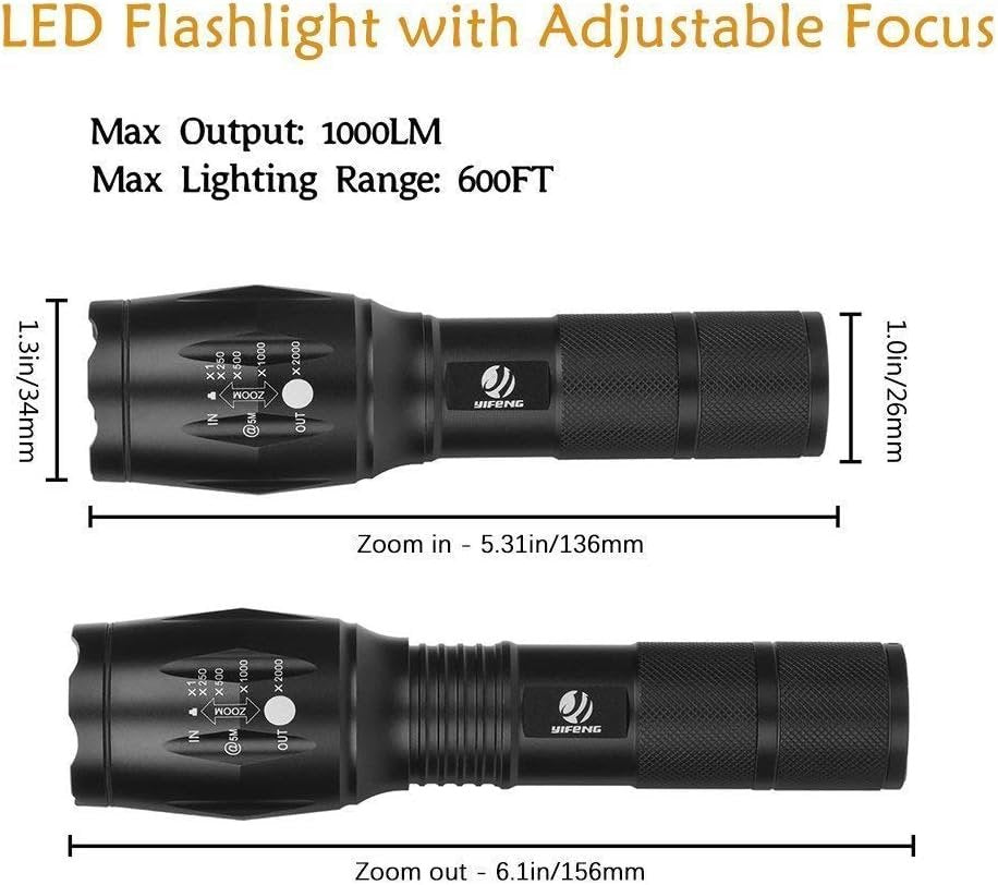 yIFeNG Tactical Flashlight, XML T6 Ultra Bright LED Flashlight with Adjustable Focus and 5 Light Modes for Camping Hiking Emergency (1 Pack)