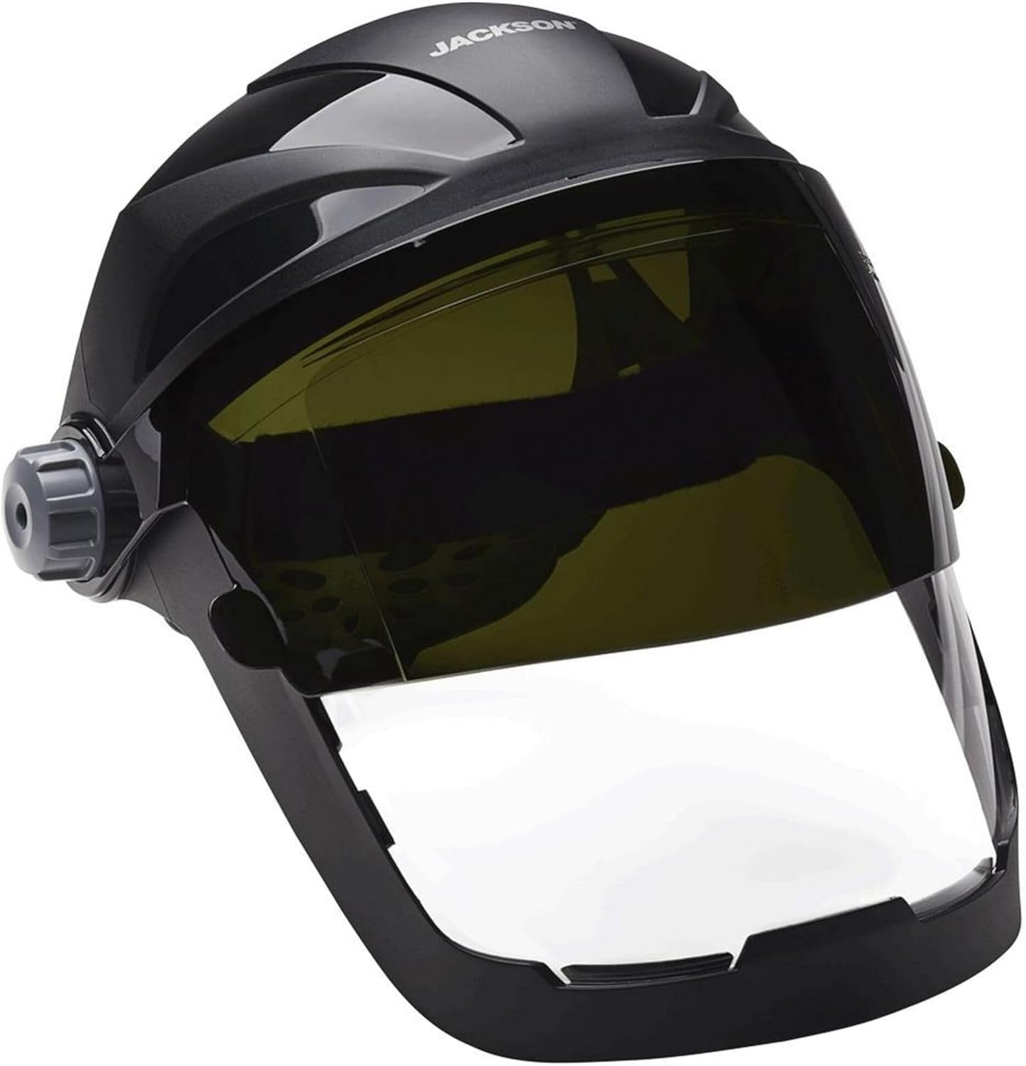 Jack Safety 14230 Quad 500 Premium Multi-Purpose Face Shield/Face Guard; Ratcheting Headgear, Clear Tint, Anti-Fog Coating, Visor Face Protection with 5 IR Rated Flipshade