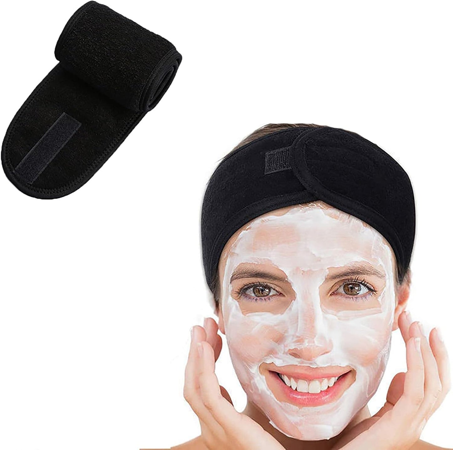 1 Piece Adjustable Microfibre Hair Band with Magic Tape, Makeup Sponge Headband for Face and Shower, Hair Band for Women Makeup Spa for Yoga Sport-Black