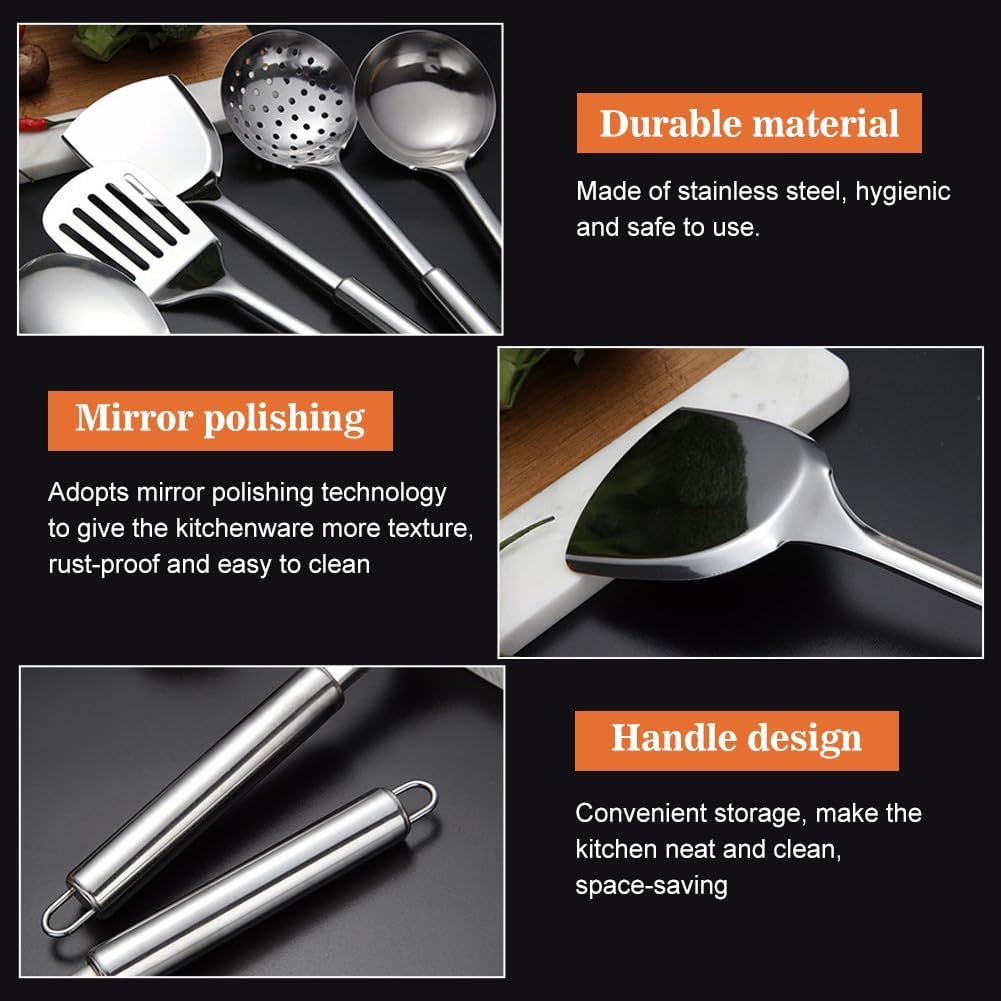 5 Pcs Stainless Steel Kitchen Utensil Set Gadgets Heavy Duty Kitchen Utensils with Spoon, Spatula, Large Spoon, Soup Spoon, Spatula (Silver)