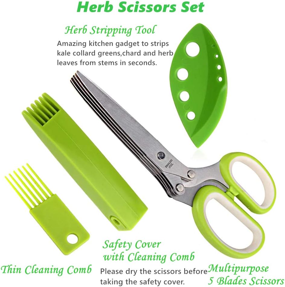 Herb Scissors, Multipurpose Kitchen Shears 5 Stainless Steel Blade with Safety Cover, Cleaning Comb and Herb Stripping Tool (Green)