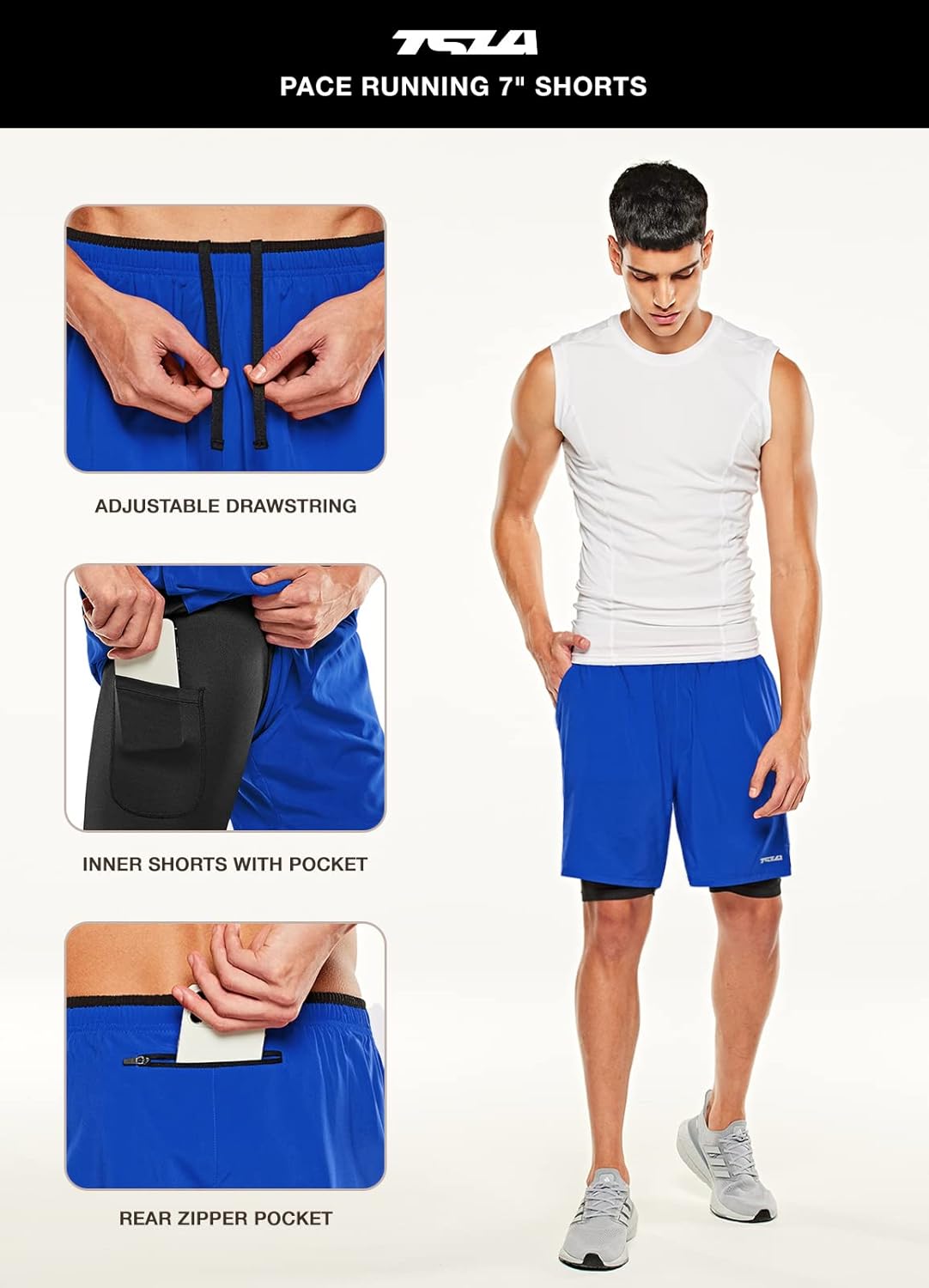 TSLA Men's 2 in 1 Active Running Shorts, Quick Dry Exercise Workout, Gym Training Athletic Shorts with Pockets
