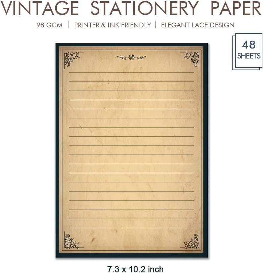 Lined Vintage Stationary Paper and Envelopes Set 48 Sheets + 24 Envelopes Old Fashion Stationery Set 7.3 Inch x 10.2 Inch