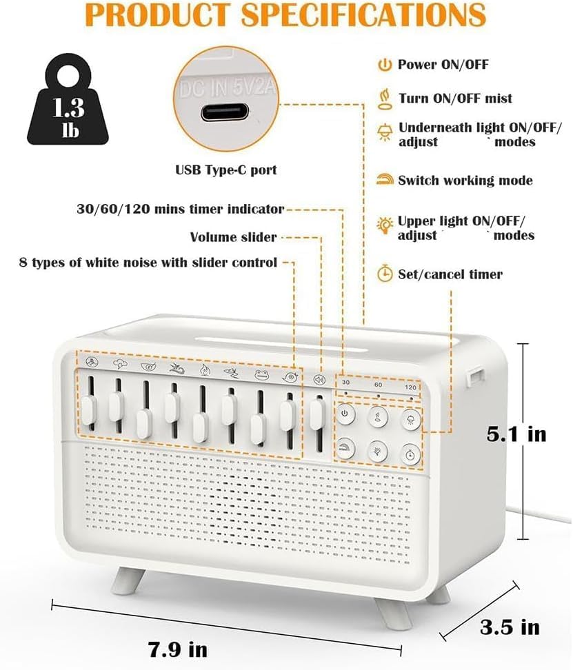 3-in-1 White Noise Humidifier Aromatherapy Diffuser with Night Light 360° Sleep Therapy Machine for Baby, Nursery, and Adults Bluetooth Speaker, 8 Ambient Sounds